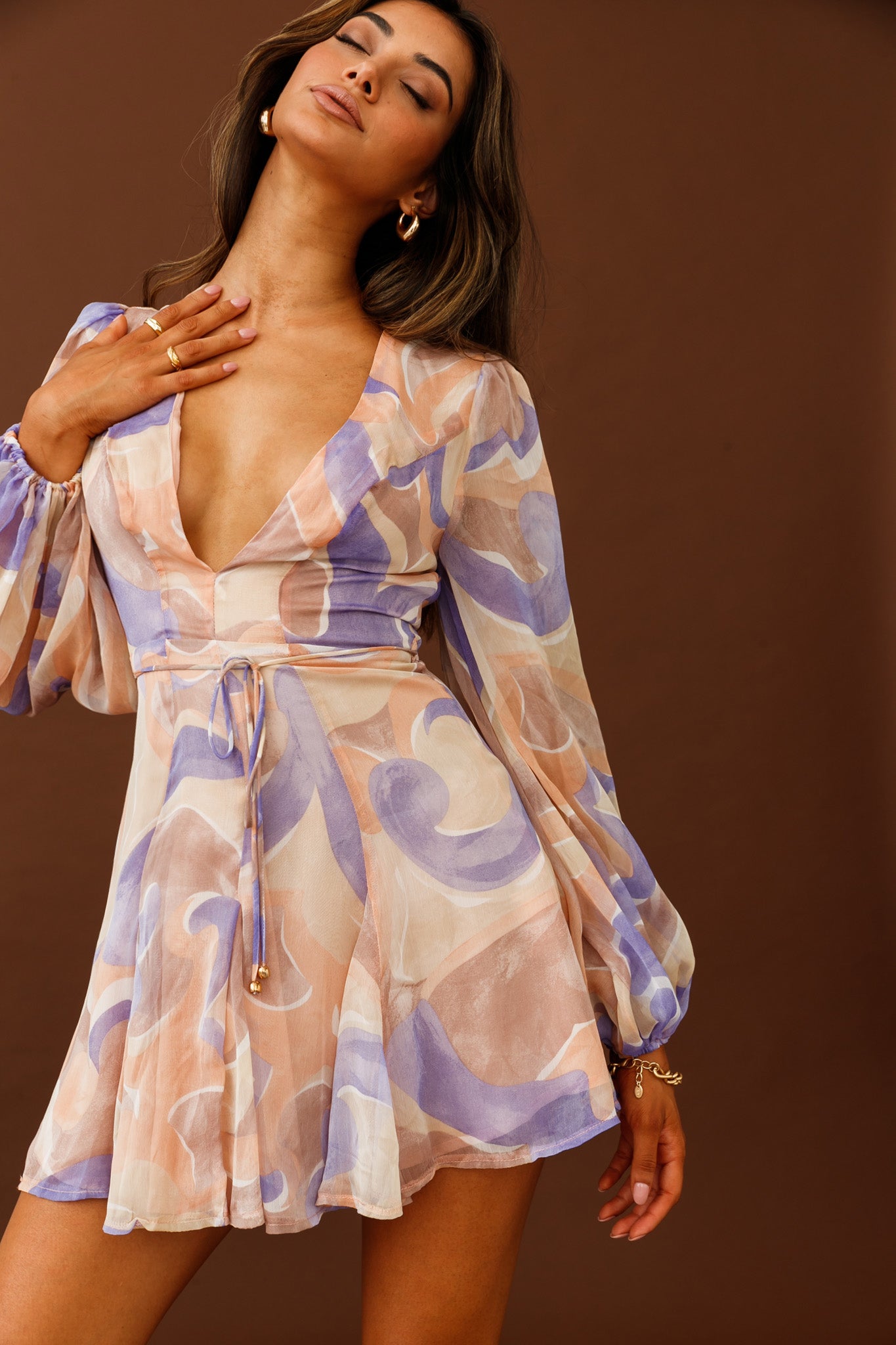 Estelle Long Sleeve V-Neckline Dress Swirl Print Nude/Purple