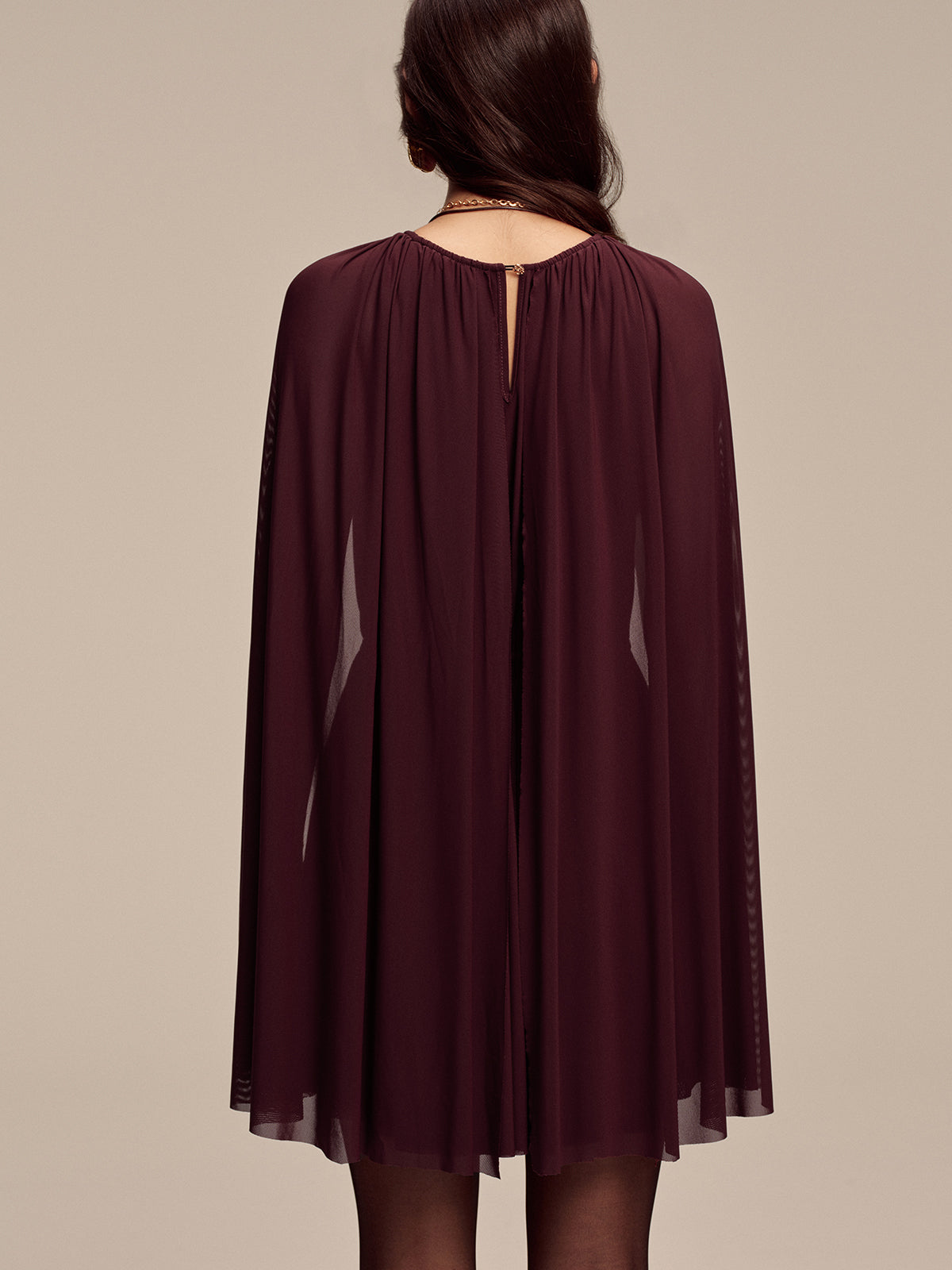 Mesh Cape Sleeve Tie-Waist Mini Dress