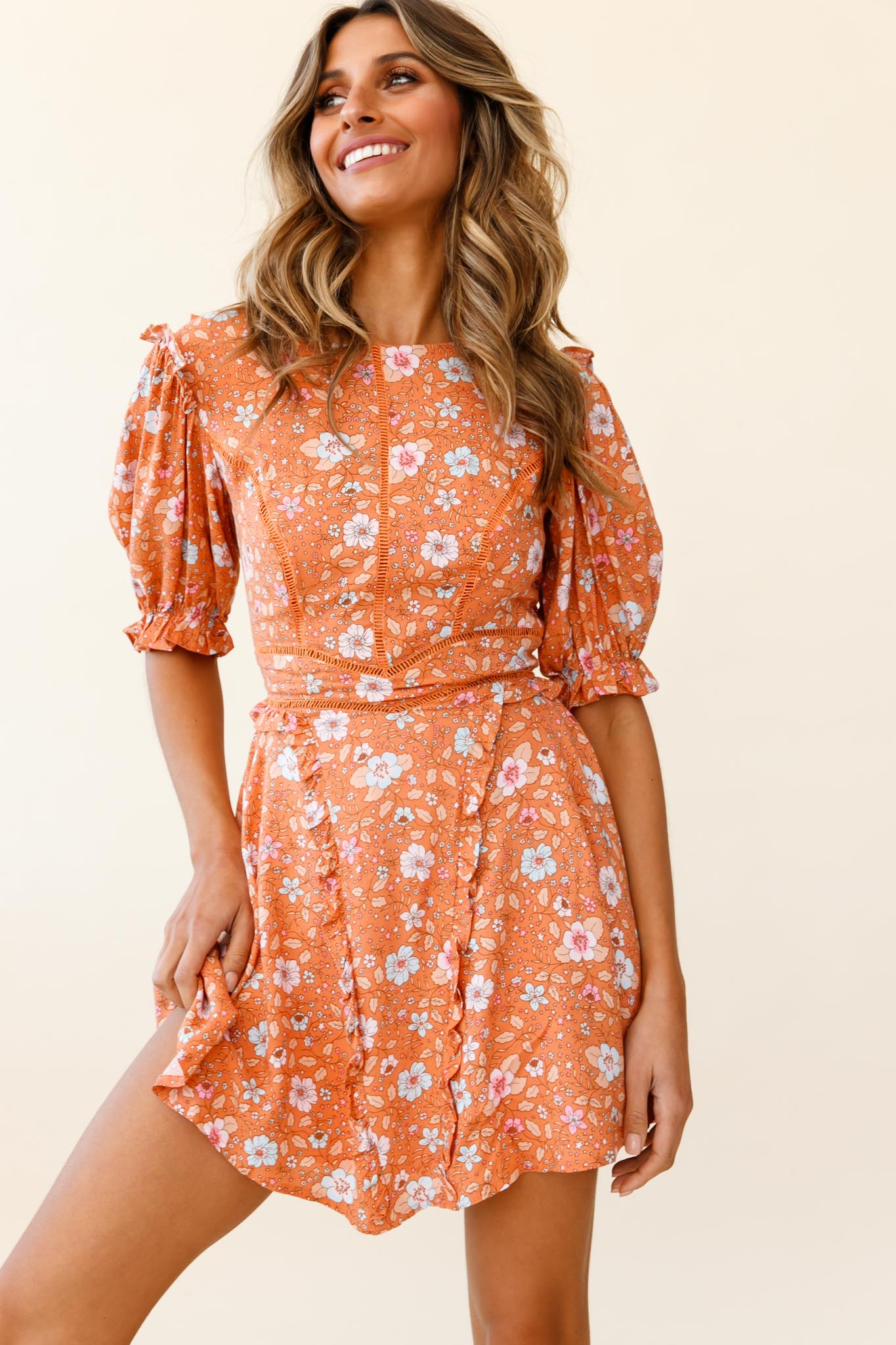 First Impressions Puff Sleeve Keyhole Back Dress Floral Print Orange/Pink